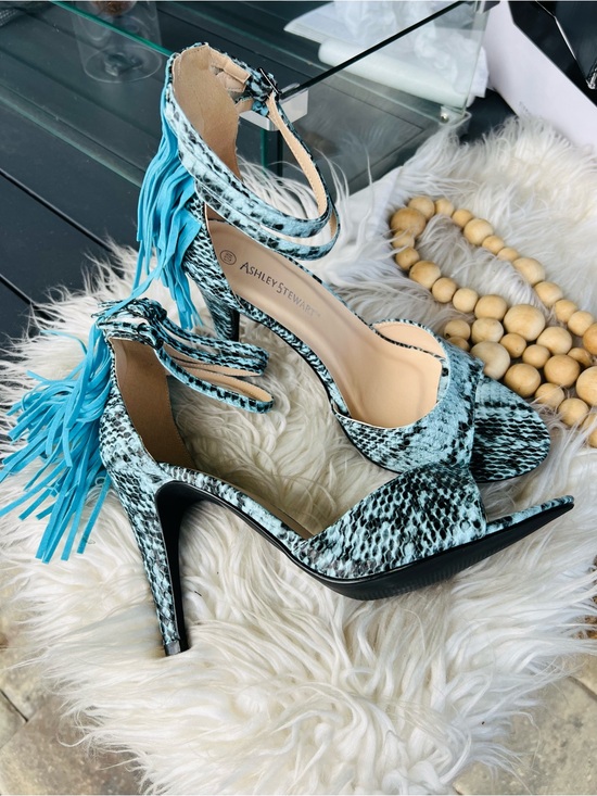 Ashley Stewart Shoes - Ashley Stewart Turquoise Snake-Print Fringe Stiletto Sandals